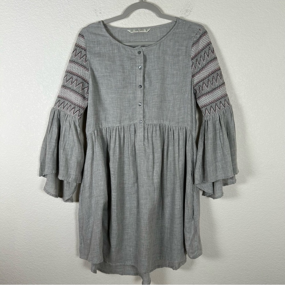 Zara Gray Mini Dress with Patterned Sleeves